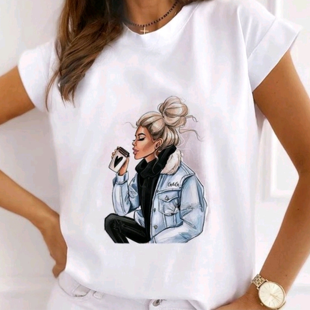 New Coffee Girl Graphic Tee - Messy Bun & Denim Jacket White - Picture 2 of 5
